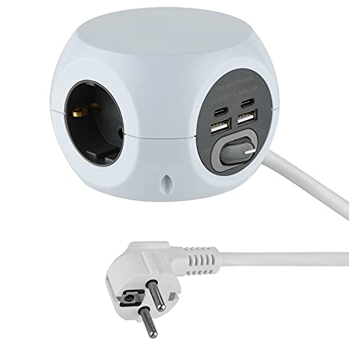 Electraline 62078 Mini-Würfel Steckdosenleiste 3-Fach mit 4 17 W (2 Typ C kompatibel mit der neuesten Technologie + 2 USB A 3.4A Q.C) mit Schalter, Kabel 1.5 m von Electraline