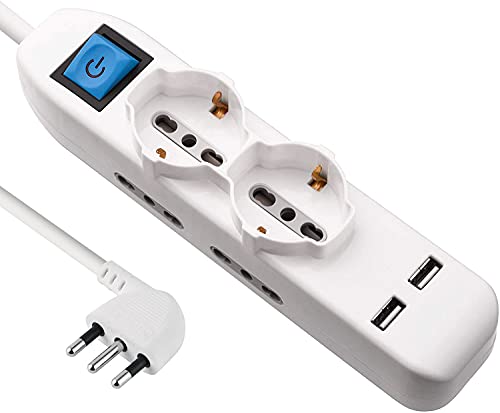 Electraline 62087 Mehrfachsteckdose mit 2 USB-Anschlüssen, 2 Universalsteckdosen, 4 zweiwertige Stecker, 1,5-m-Kabel, Netzstecker 16 A Electraline 62087 Mehrfachsteckdose mit 2 USB-Anschlüssen, 2 Universalsteckdosen, 4 zweiwertige Stecker, 1,5-m-Kabel, Netzstecker 16 A von Electraline