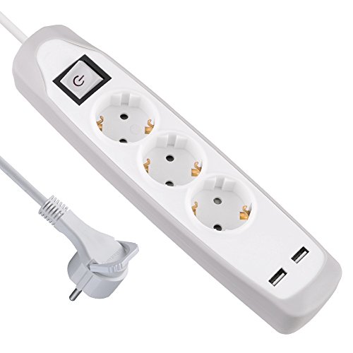 Electraline 62153 Gummy-Line Steckdosenleiste 3-Fach mit Schalter + 2 USB 2.1A, Kabel 2m / Mehrfachsteckdose/Tischsteckdose Steckerleiste, Extra Flacher Stecker, grau von Electraline