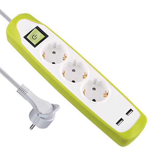 Electraline 62155 Gummy-Line Steckdosenleiste 3-Fach mit Schalter + 2 USB 2.1A, Kabel 2m / Mehrfachsteckdose/Tischsteckdose Steckerleiste, Extra Flacher Stecker, grün von Electraline