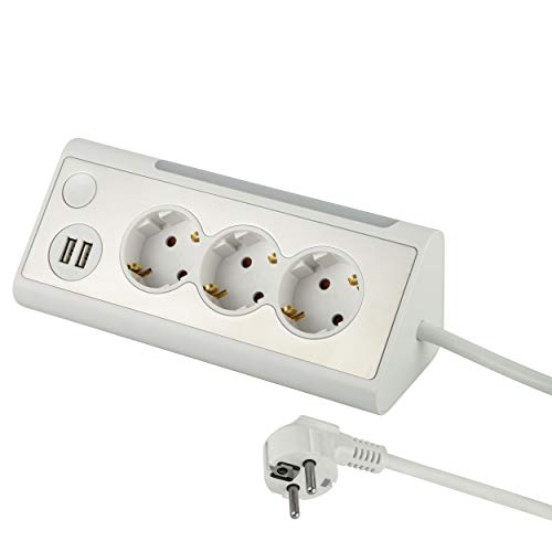 Electraline 62513, Mehrfachsteckdose, 3-fach Steckdosenleiste mit 2 USB-Anschluss und LED-Nachtlicht (mit Schalter) Multifunktionale Ecksteckdose für Küche und Büro (1, 5M Kabel) von Electraline