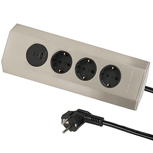 Electraline 62514 Küchen-Steckdosenleiste / Mehrfachsteckdose aus Edelstahl, Wandbefestigung mit 3 deutschen Schuko-Steckdosen + 2 USB (1 Typ A und 1 Typ C) 3,1 A 15,5 W, 2 m Kabel H05VV-F 3G1.5 mm von Electraline