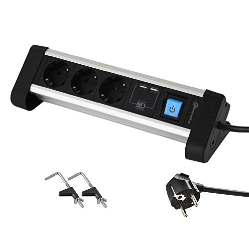 Electraline 62553 Steckdosenleiste 3-Fach Alu für den Schreibtisch + 2 USB 2.4A, Kabel 2m / Mehrfachsteckdose/Tischsteckdose Steckerleiste, Schuko Stecker von Electraline