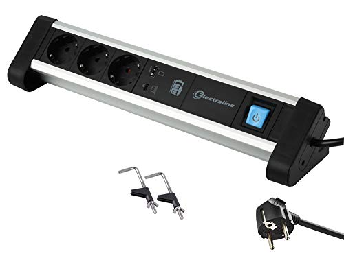 Electraline 62556 Steckdosenleiste 3-Fach Alu für den Schreibtisch mit 2 USB 65 W (1 Typ C PD zum Laden von Computern + 1 USB 3A) Kabel 2m /Tischsteckdose Steckerleiste / Mehrzweck-Schreibtisch von Electraline