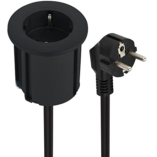 Electraline 62564 Tischplatte Grommet Einbausteckdose/Tischsteckdosenleiste/Tischsteckdose/Tisch Einbau Steckdose Schuko, Kabel 2M, D 54mm+Ausgestattet mit Adapter für Standardlöcher 60 mm, Schwartz von Electraline