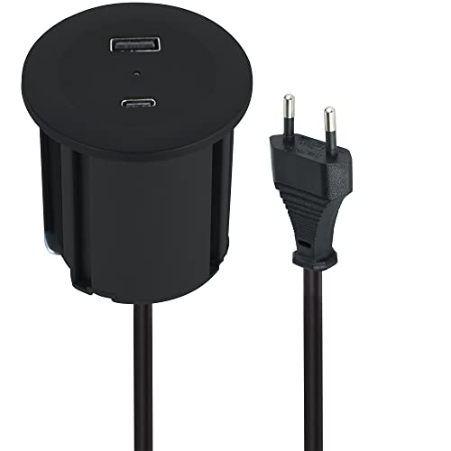 Electraline 62568 Tischplatte Grommet Einbausteckdose/Tischsteckdosenleiste/Tischsteckdose Power Delivery zum Laden von Computern + 1 typ A 3.0A Q.C. 3M Kabel, D54-60mm, Schwartz, 2 USB (A+C) P.D. 45W von Electraline