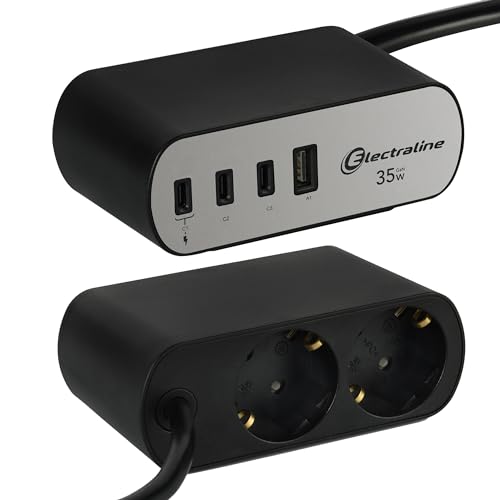 Electraline 62583 Steckdosenleiste für den Schreibtisch Electradock 2-Fach Schuko + 4 USB (1 USB A + 3 USB C PD35W) Kabel 2 m, Mehrfachsteckdose/Tischsteckdose Steckerleiste von Electraline