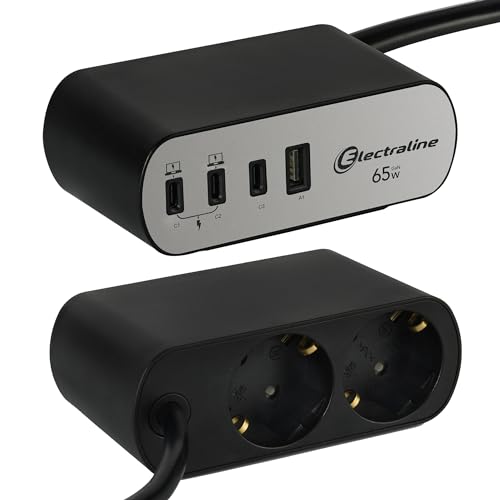 Electraline 62584 Steckdosenleiste für den Schreibtisch Electradock 2-Fach Schuko + 4 USB (1 USB A + 3 USB C PD65W) Kabel 2 m, Mehrfachsteckdose/Tischsteckdose Steckerleiste von Electraline