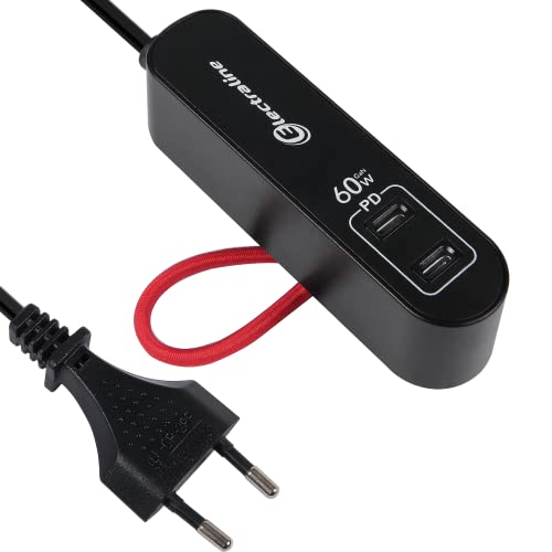 Electraline 62655 Tragbares Ladegerät Power Delivery GaN mit 2 USB Typ C PPS-Protokoll zum Laden Aller Geräte (einschließlich Computer), 1.5M Verlängerungskabel, europäischer Stecker, 60W PD von Electraline