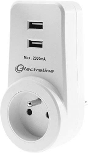 Electraline 70068 Adapter Steckdosenleiste dreifach | 1 Steckdose 16 A + 2 USB Schnellladung 3,4 A, Weiß von Electraline