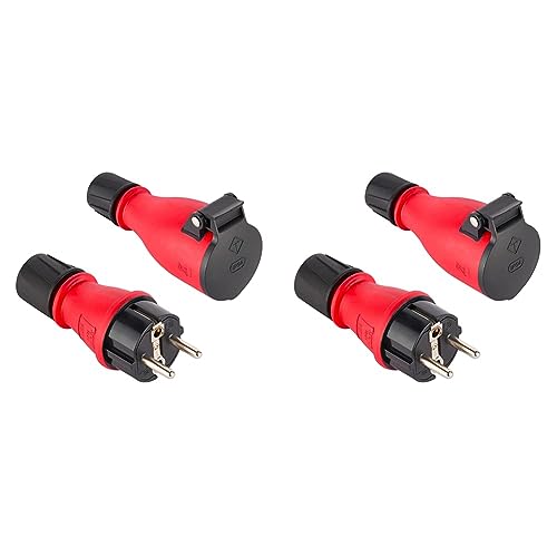 Electraline 92383 Packung mit 1 Gummi-Stecker + 1 Schuko-Steckdose IP54, mit automatischer Federabdeckung für den Freihandbetrieb, Rot/Schwarz (Packung mit 2) von Electraline