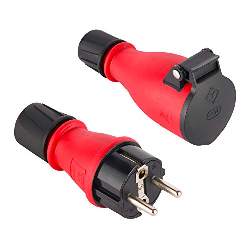 Electraline 92383 Packung mit 1 Gummi-Stecker + 1 Schuko-Steckdose IP54, mit automatischer Federabdeckung für den Freihandbetrieb, Rot/Schwarz von Electraline