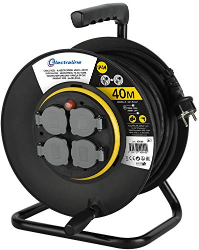 Electraline 49044, Kabeltrommel Professionel und Fester Platte, H07 RN-F 40 m Kabel-IP44 Outdoor/Kabelrolle mit 4 Schuko-Steckdosen, Schwarz, 40M 3G1.5 von Electraline