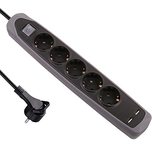 Electraline 62156, Steckdosenleiste 5-Fach mit Schalter + 2 USB 2.1A, Kabel 2m / Mehrfachsteckdose / Tischsteckdose / Steckerleiste / Steckerleiste, Extra Flacher Stecker von Electraline