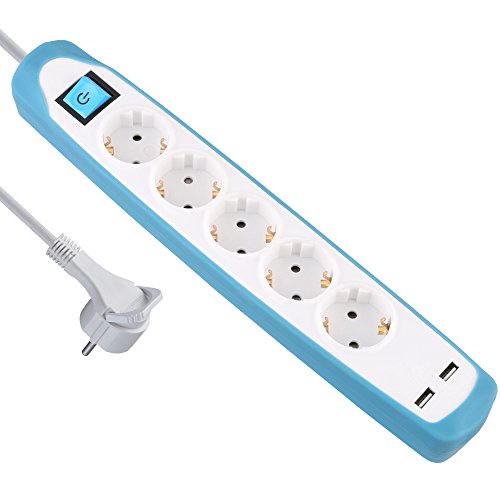 Electraline 62160, Steckdosenleiste 5-Fach mit Schalter + 2 USB 2.1A, Kabel 2m / Mehrfachsteckdose / Tischsteckdose / Steckerleiste / Steckerleiste, Extra Flacher Stecker von Electraline