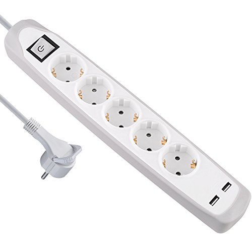 Electraline 62159, Steckdosenleiste 5-Fach mit Schalter + 2 USB 2.1A, Kabel 2m / Mehrfachsteckdose / Tischsteckdose / Steckerleiste / Steckerleiste, Extra Flacher Stecker von Electraline