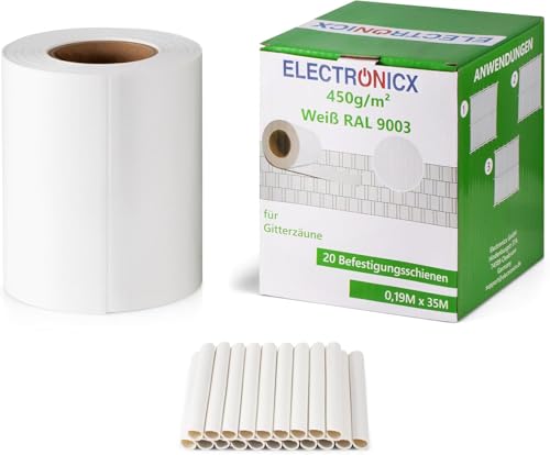 Electronicx PVC Sichtschutzstreifen Weiß (RAL 9003) | Sichtschutz Zaunfolie Doppelstabmatten | 35m x 19 cm | 450g/m² | UV-beständig, Blickdicht, inkl. 20 Befestigungsclips von Electronicx