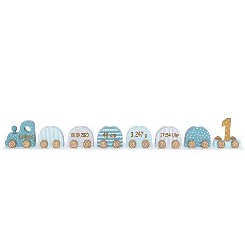 Geburtstagszug Kerzenhalter aus Holz blau personalisierbar mit Name und Geburtsdaten Baby Geschenk mit Gravur von Elefantasie