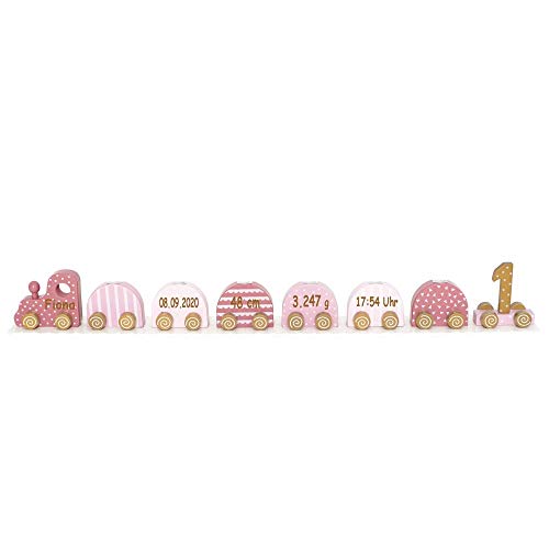 Geburtstagszug Kerzenhalter aus Holz pink personalisierbar mit Name und Geburtsdaten Baby Geschenk mit Gravur von Elefantasie