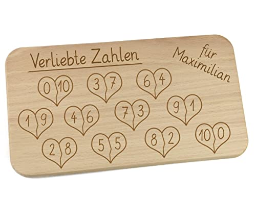 Frühstücksbrettchen aus Holz mit Name graviert zur Einschulung personalisiert Motiv verliebte Zahlen von Elefantasie