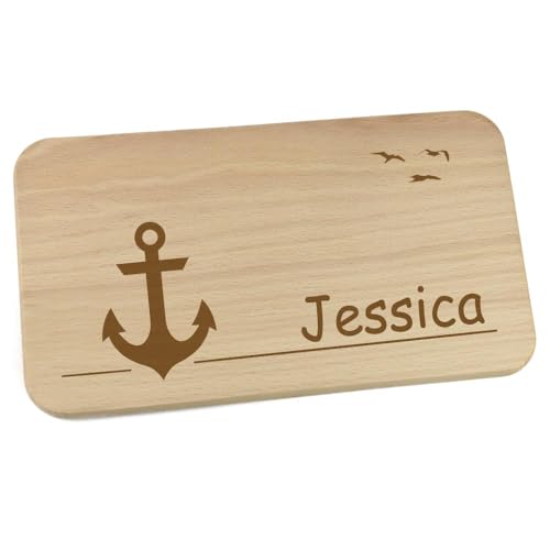 Personalisiertes Frühstücksbrettchen aus Holz mit Motiv und Name graviert Motiv Anker von Elefantasie