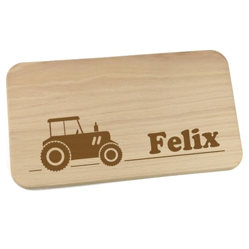 Personalisiertes Frühstücksbrettchen aus Holz mit Motiv und Name graviert Motiv Traktor von Elefantasie