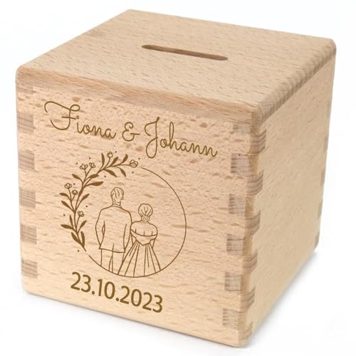 Spardose personalisiert zur Hochzeit mit Namen graviert Sparwüfel Hochzeitstag aus Holz Brautpaar von Elefantasie