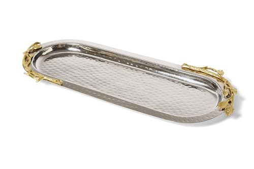 Elegance Golden Vine Tablett aus gehämmertem Edelstahl, oval, 39 x 14 cm, Silber/Gold von Elegance