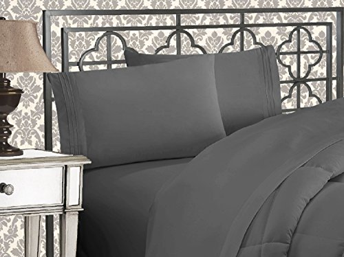 Elegant Comfort Luxuriöses 4-teiliges Bettlaken-Set, Fadenzahl 1500, ägyptische Qualität, 3-reihig, Bestickt, weichste Premium-Hotelqualität, Knitter- und lichtbeständig, Kingsize-Bett, Grau von Elegant Comfort