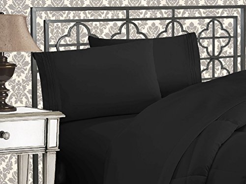 Elegant Comfort Luxuriöses 1500 Premium-Hotelqualität, Mikrofaser, dreireihig, Bestickt, weichstes 4-teiliges Bettlaken-Set, Knitter- und lichtbeständig, Queensize, Schwarz von Elegant Comfort