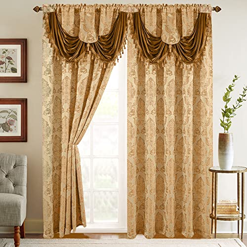 Elegant Comfort Jacquard Look Vorhang-Set mit angenähtem Wasserfall-Volant, (2 Stück), 137 x 213 cm, Gold/Kamel von Elegant Comfort