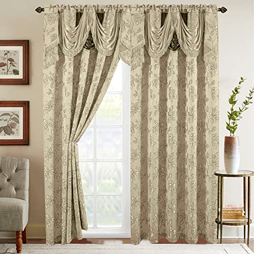 Elegant Comfort Jacquard Optik Vorhang Panel Set mit angenähtem Wasserfall Volant (2er Set) 137 x 213 cm Blattmuster Beige/Braun von Elegant Comfort