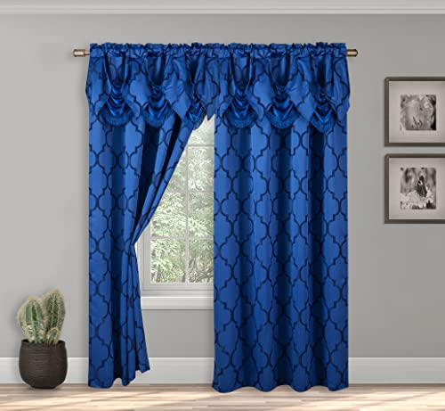 Elegant Comfort Jacquard Optik Vorhang-Set mit angenähtem Wasserfall-Volant, (2er Set), 137 x 213 cm, Quatrefoil Muster, Königsblau/Marineblau von Elegant Comfort