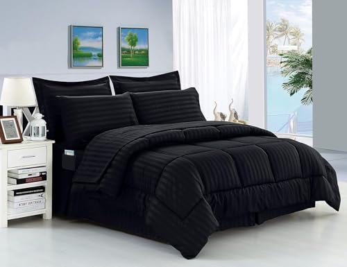 Elegant Comfort Knitterfrei, seidig weich, gestreift, 8-teiliges Bettdecken-Set, King-Size-Bett, Schwarz von Elegant Comfort