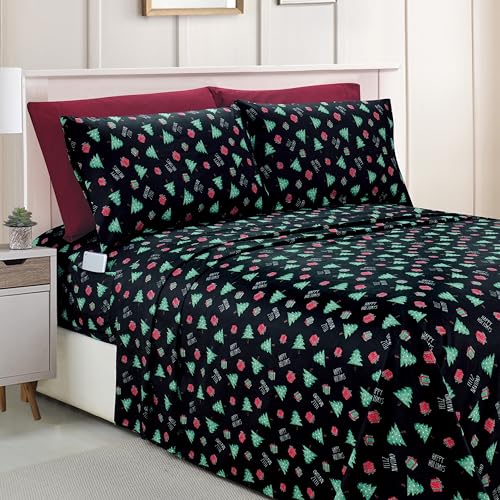 Elegant Comfort Luxuriöse, weiche Bettlaken, Urlaubsmuster 1500, hochwertige Hotelqualität, Mikrofaser, weich, Knitter- und lichtbeständig (4-teilig), Bettwäscheset, Doppelbett, Feliz Navidad von Elegant Comfort