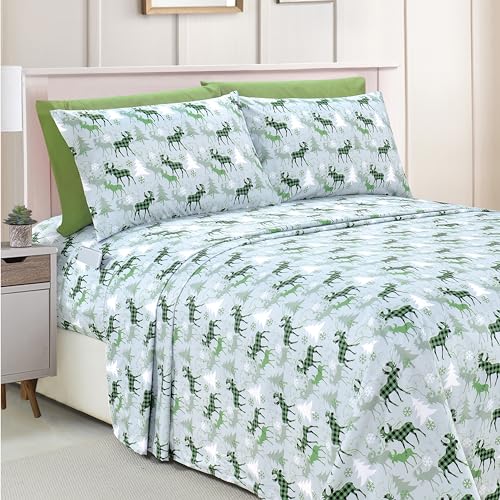 Elegant Comfort Luxuriöse weiche Bettlaken, Urlaubsmuster, Fadenzahl 1500, ägyptische Qualität, Mikrofaser, weich, Knitter- und lichtbeständig (6-teilig), Doppelbett, XL, kariert, Elchgrün von Elegant Comfort