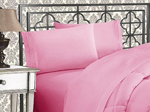 Elegant Comfort Luxuriöses 4-teiliges Bettlaken-Set, Fadenzahl 1500, ägyptische Qualität, dreizeilig, Bestickt, weichste Premium-Hotelqualität, Knitter- und lichtbeständig, Twin/Twin XL, Hellrosa von Elegant Comfort