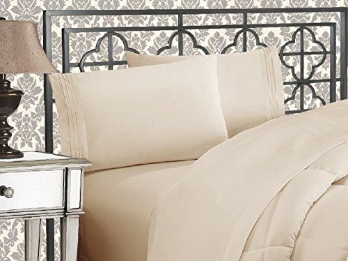 Elegant Comfort Luxuriöses 4-teiliges Bettlaken-Set, Fadenzahl 1500, ägyptische Qualität, dreireihig, Bestickt, weichste Premium-Hotelqualität, Knitter- und lichtbeständig, voll, cremefarben von Elegant Comfort
