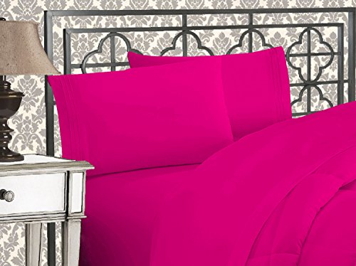 Elegant Comfort Luxuriöses 4-teiliges Bettlaken-Set, Fadenzahl 1500, ägyptische Qualität, dreireihig, Bestickt, weichste Premium-Hotelqualität, Knitter- und lichtbeständig, voll, Hot Pink von Elegant Comfort