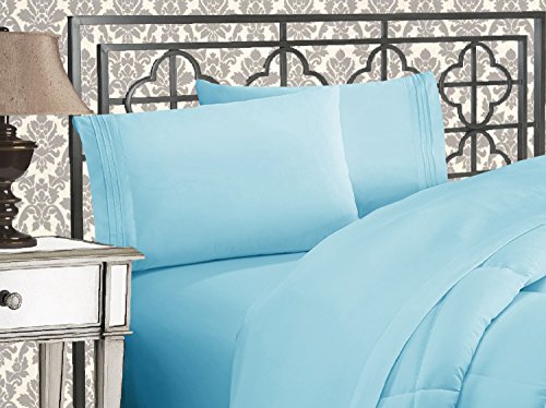 Elegant Comfort 4-teiliges Bettlaken-Set, ägyptische DREI-Linien-Stickerei, weichste Premium-Hotelqualität, Knitter- und lichtbeständig, Queen-Size-Bett, Aqua-Blau von Elegant Comfort