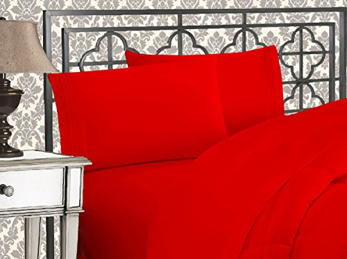 Elegant Comfort Luxuriöses 1500 Premium-Hotelqualität, Mikrofaser, dreireihig, Bestickt, weichstes 4-teiliges Bettlaken-Set, Knitter- und lichtbeständig, Queensize, Rot von Elegant Comfort