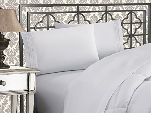Elegant Comfort Luxuriöses 1500 Premium-Hotelqualität, Mikrofaser, dreireihig, Bestickt, weichstes 4-teiliges Bettlaken-Set, Knitter- und lichtbeständig, Queensize, Weiß von Elegant Comfort