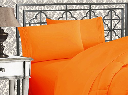 Elegant Comfort Luxuriöses 1500 Premium-Hotelqualität, Mikrofaser, dreireihig, Bestickt, weichstes 4-teiliges Bettlaken-Set, Knitter- und lichtbeständig, Twin/Twin XL, Orange von Elegant Comfort