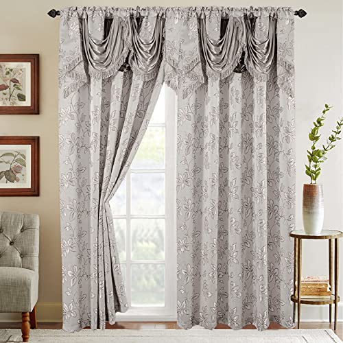 Elegant Comfort Vorhang-Set in Jacquard-Optik mit angenähtem Wasserfall-Volant, (2er-Set), 137,2 x 213,3 cm, Blattmuster, Silber von Elegant Comfort