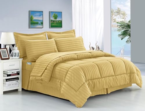 Eleganten Komfort knitterfrei – seidig weich Dobby Stripe Bed-in-a-Bag 8-teilig Tröster Set – -Hypoallergenic – King Gold von Elegant Comfort