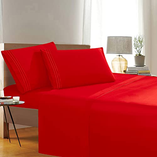 Eleganter Komfort, Fadenzahl, Falten- und farbbeständig, ägyptische Qualität, 3-teiliges Bettwäsche-Set mit Bettlaken, Spannbetttuch und 1 Kissenbezug King Exotisches Rot von Elegant Comfort