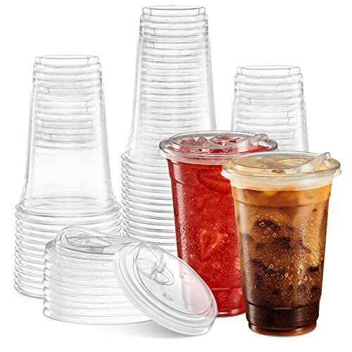 Transparente Becher mit Strohhalm-Deckel, PET, kristallklar, Einweg-Kaffeetassen mit Deckel, 590 ml, 50 Sets von Elegant Disposables
