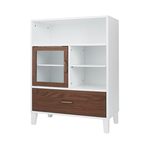 Elegant Home Fashions Tyler Holz Badezimmer Freistehender Aufbewahrungsschrank 33 cm x 66 cm x 86,8 cm Mit Schublade & Regalen 2 Ton Weiß/Braun EHF-F0010, White/Natural Wood, One Size von Teamson Home