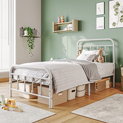 Elegant Home Products Vintage-Bettgestell für Doppelbett, mit Kopfteil und Fußteil, Matratze, robustes Metall, Plattform-Bettgestell, Stahllattenstütze (Doppelbett, Weiß) von Elegant Home Products