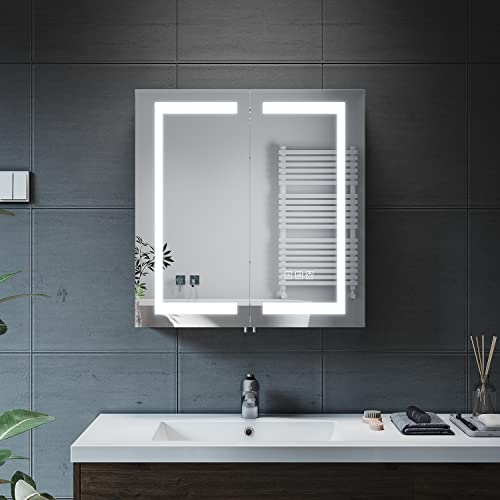 ELEGANT Badezimmerschrank mit Rasiersteckdose Badezimmer Spiegelschrank mit dreifarbigem, stufenlos dimmbarem und Entfernungspad, Edelstahl, Badezimmer-Wandschränke, 630 x 650 mm von ELEGANT